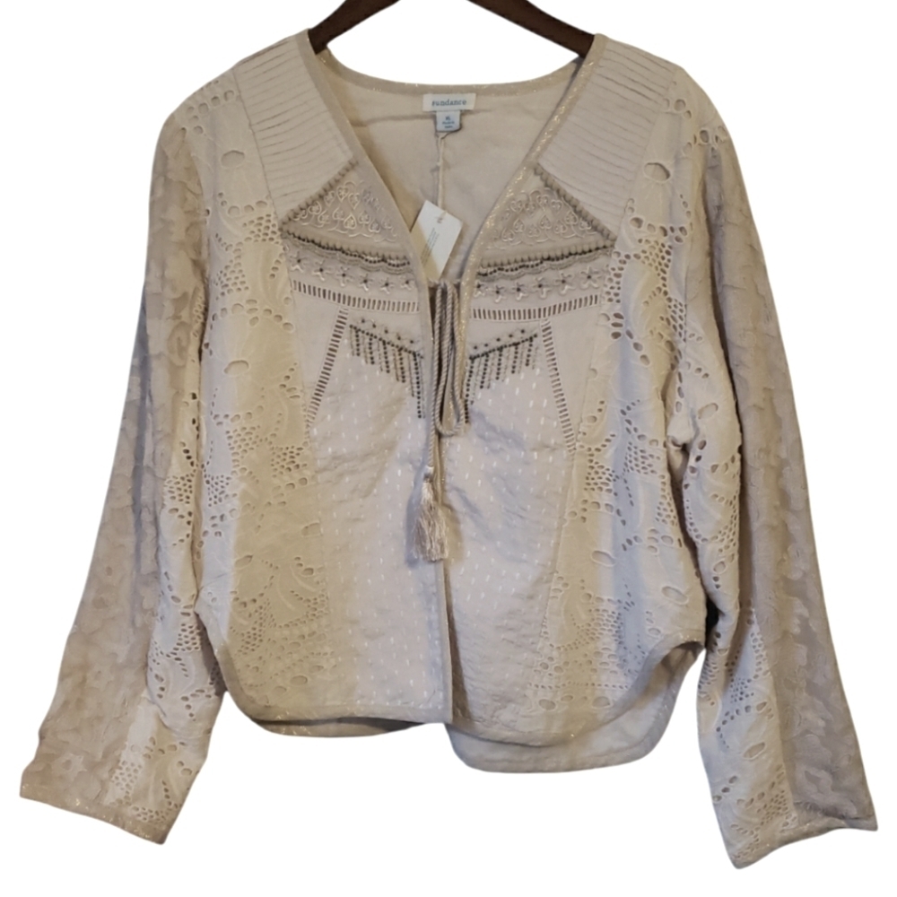 Sundance Boho Cardigan Embroidered Lace Lines Metallic Open Front  XL Tassel NWT